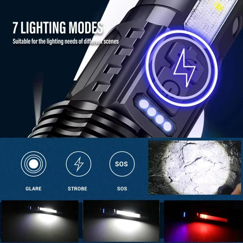 Powerful XHP50 LED Flashlight Waterproof 18650 Torch with Side Light 7 Modes Camping Fishing Lantern USB Rechargeable Zoom Lamp - Image 3