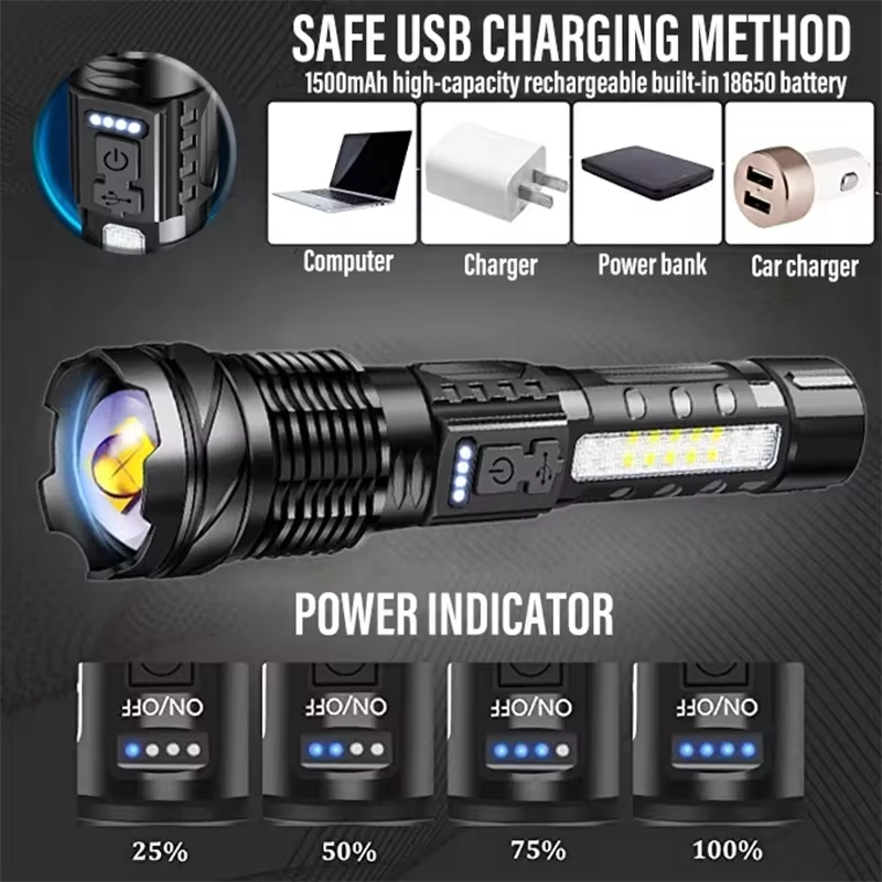 Powerful XHP50 LED Flashlight Waterproof 18650 Torch with Side Light 7 Modes Camping Fishing Lantern USB Rechargeable Zoom Lamp - Image 5